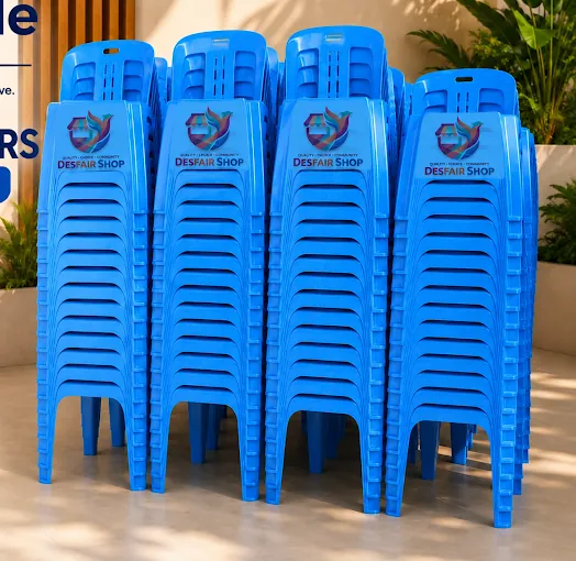 Blue stacking plastic chairs on sale at Des fair shop, Arua Park, Kampala